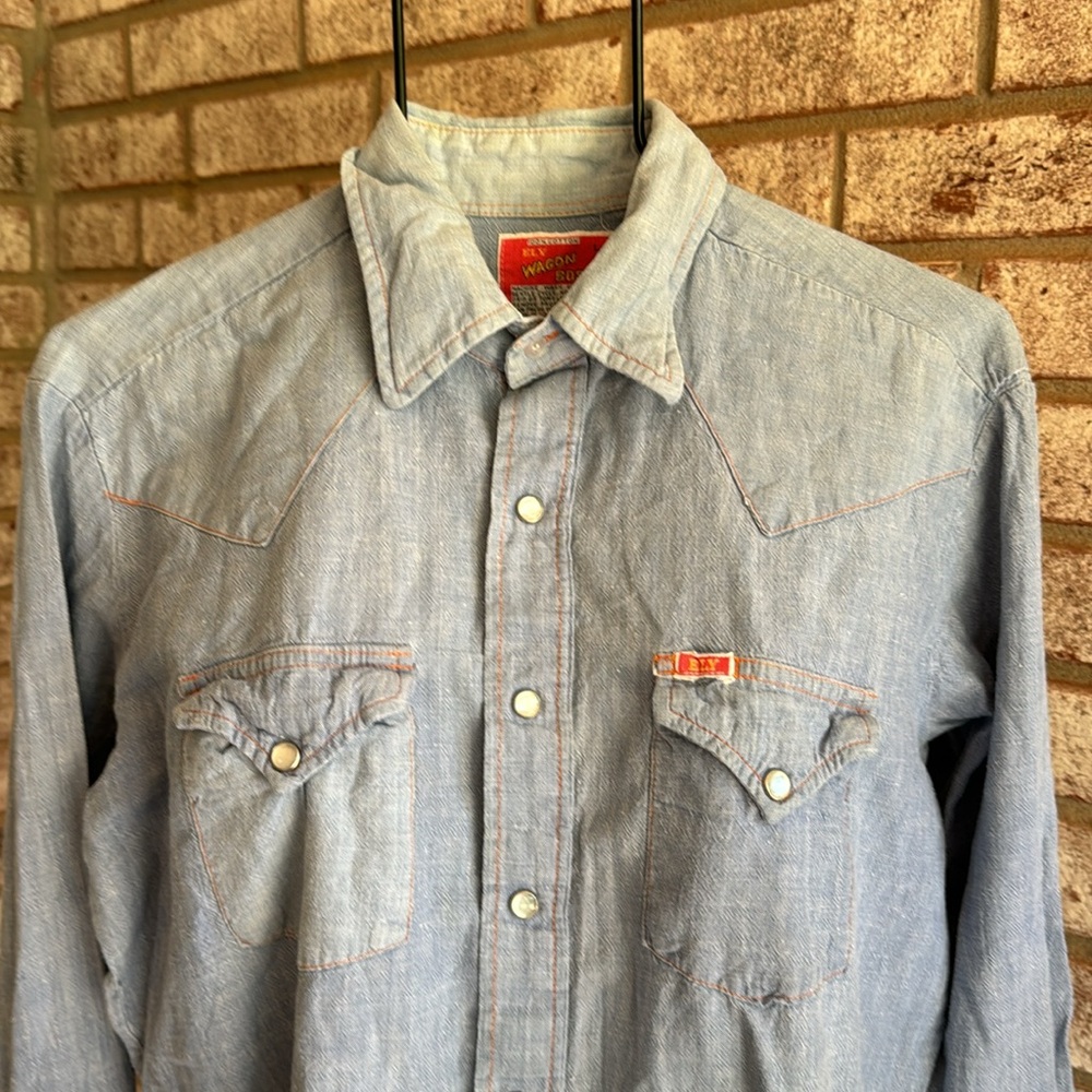 Vintage Blue Chambray Ely Wagon Boss L Pearl snap shirt cotton western